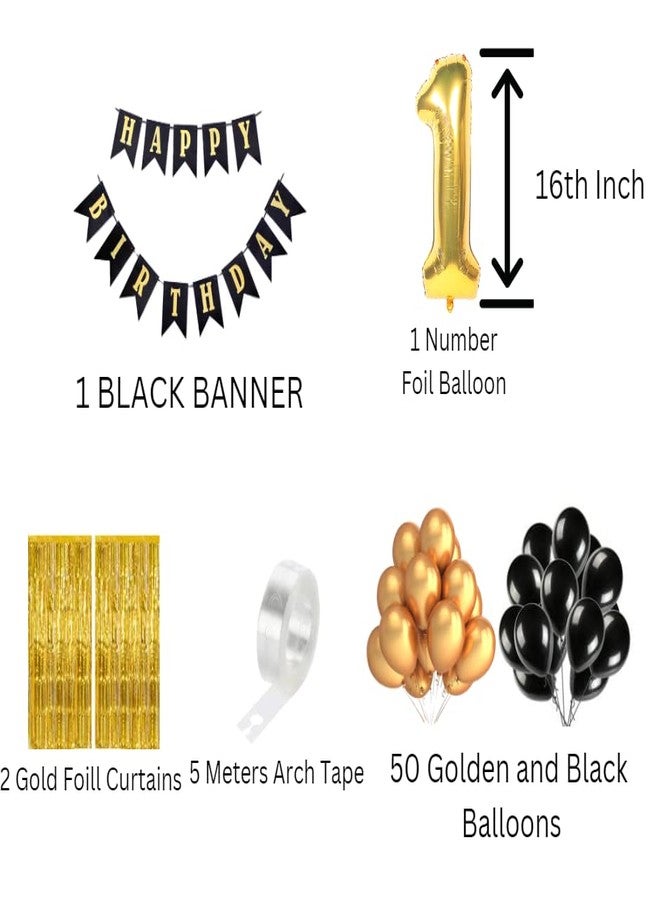 Flyloons 1st Black Gold Happy Birthday Decoration for Girls Kids Boys with Black Happy Birthday Banner,Black,Gold Balloons, Golden Foil Curtain,Arch Tape birthday decoration items for room - Image 2